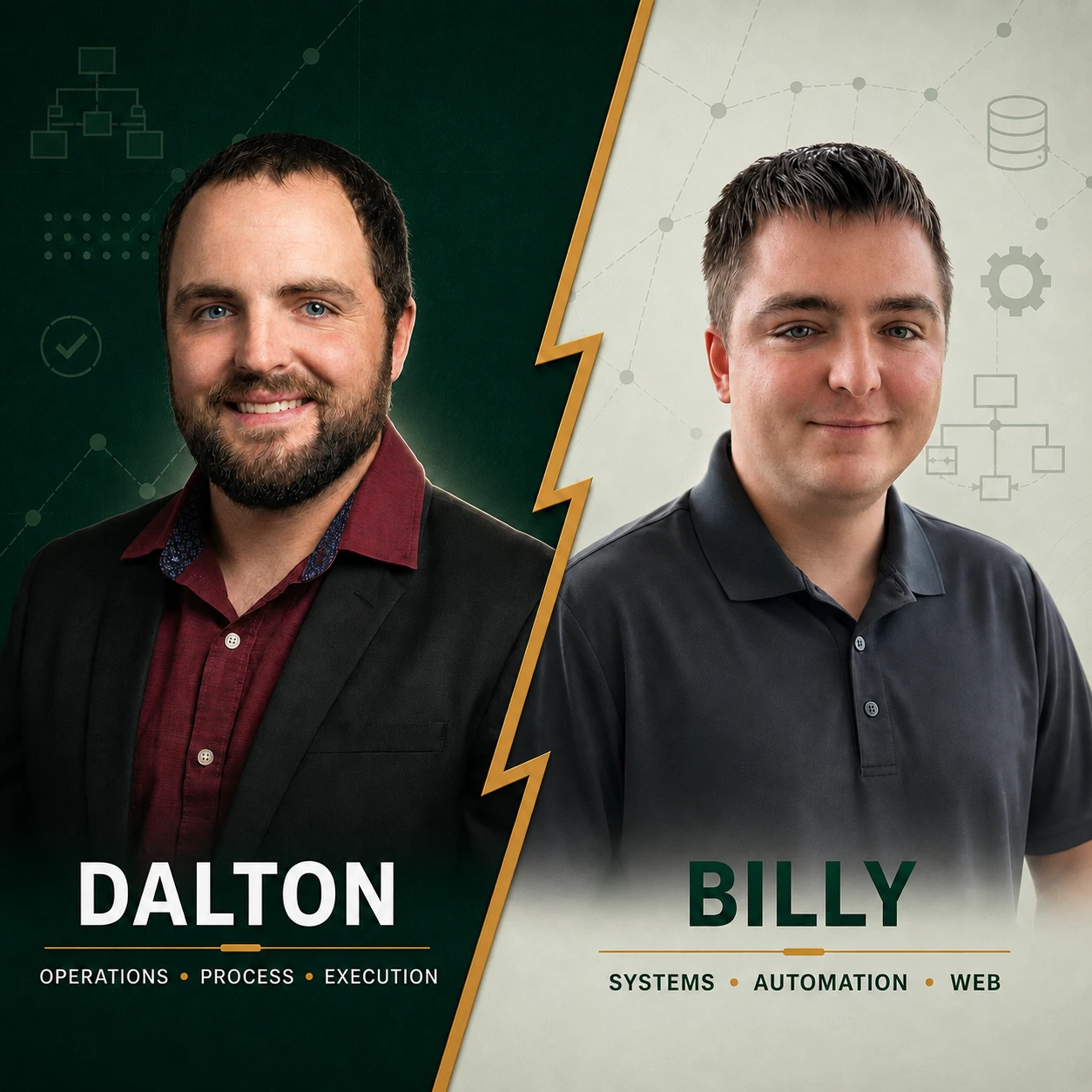 Dalton Lynn representing operations, process, and execution beside Billy Lynn representing systems, automation, and web.