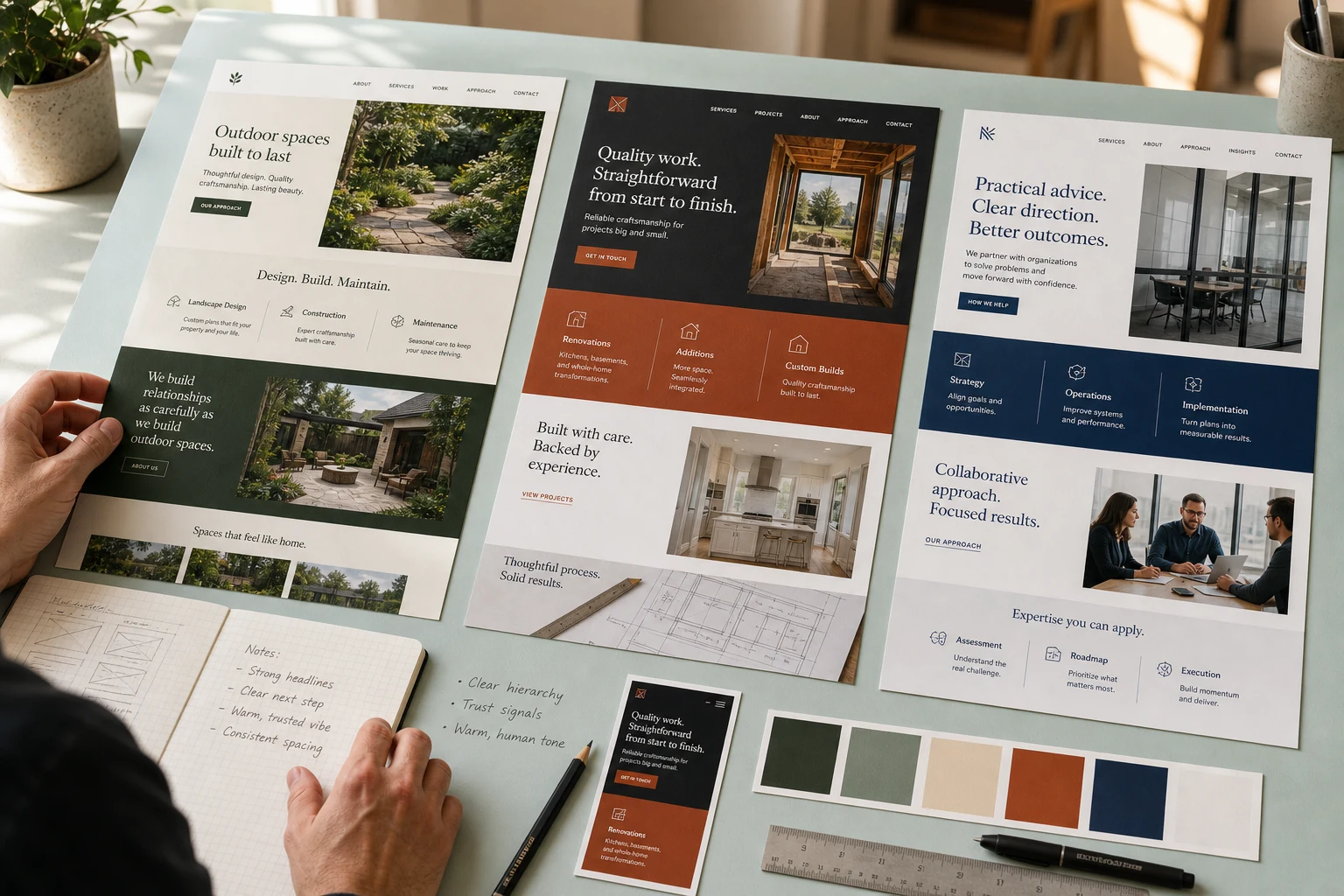 Three distinct service-business website concepts being reviewed on a bright design worktable.